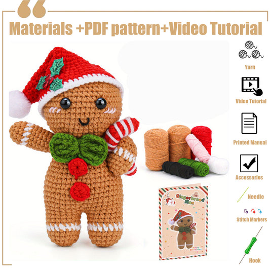 Crochet Kit for Beginners, Amigurumi Gingerbread man Christmas Crochet Starter Kit, Crochet Beginner Kit Christmas Crochet Sets with Step-by-Step Instruction Yarn Crochet Hooks for Adults DIY Crafts