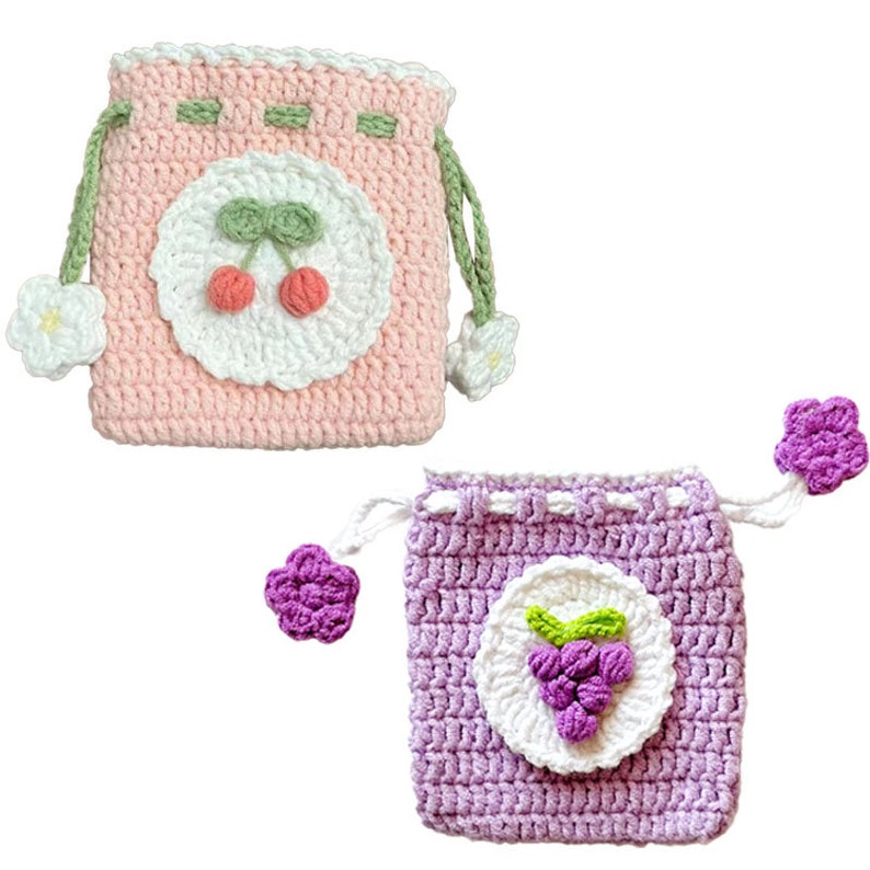 AA 2 Pouches Grape Cherry Crochet PDF Patterns Step By Step Video for Crocheting Headphone Pouches and Coin Purses, Gift for Mom Wife Girlfriend Birthday