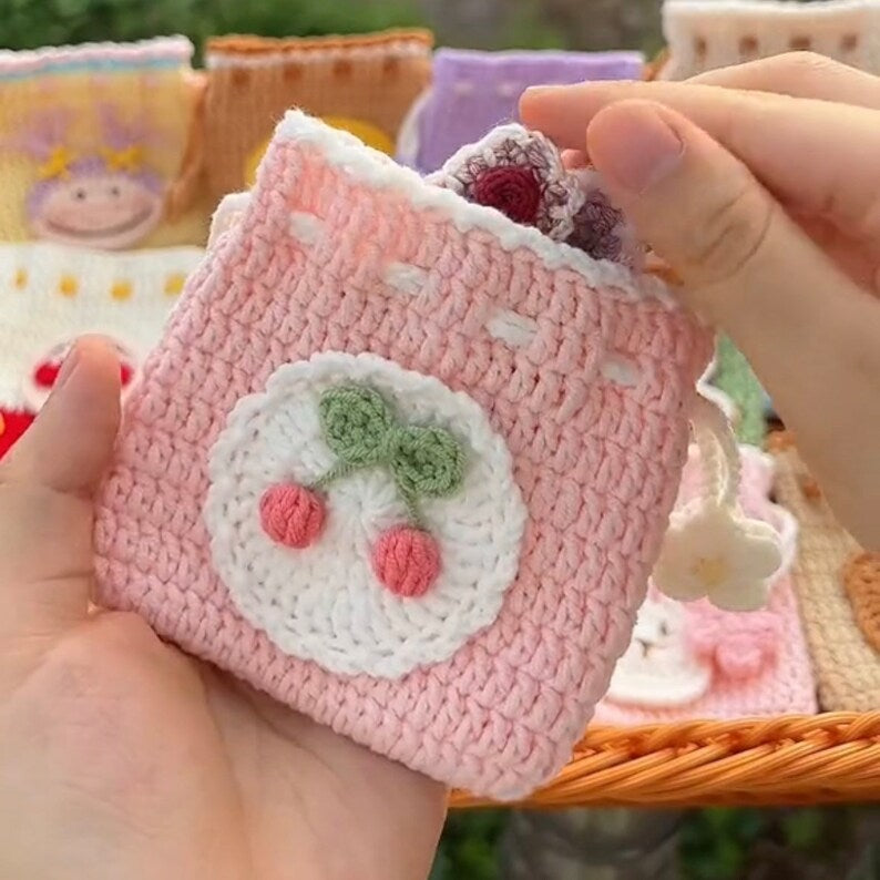 AA 2 Pouches Grape Cherry Crochet PDF Patterns Step By Step Video for Crocheting Headphone Pouches and Coin Purses, Gift for Mom Wife Girlfriend Birthday
