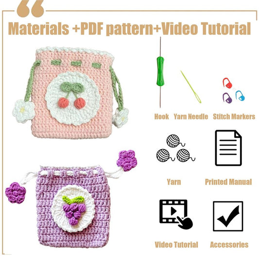 New DIY Handmade Crochet Material Kit - 2 Pouches PDF Patterns Step By Step Video for Crocheting Headphone Pouches and Coin Purses,