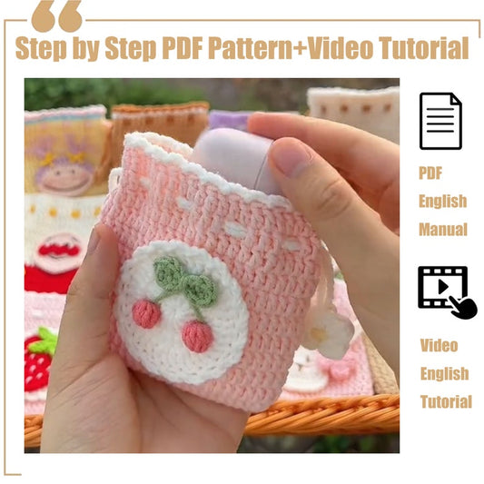 AA 2 Pouches Grape Cherry Crochet PDF Patterns Step By Step Video for Crocheting Headphone Pouches and Coin Purses, Gift for Mom Wife Girlfriend Birthday