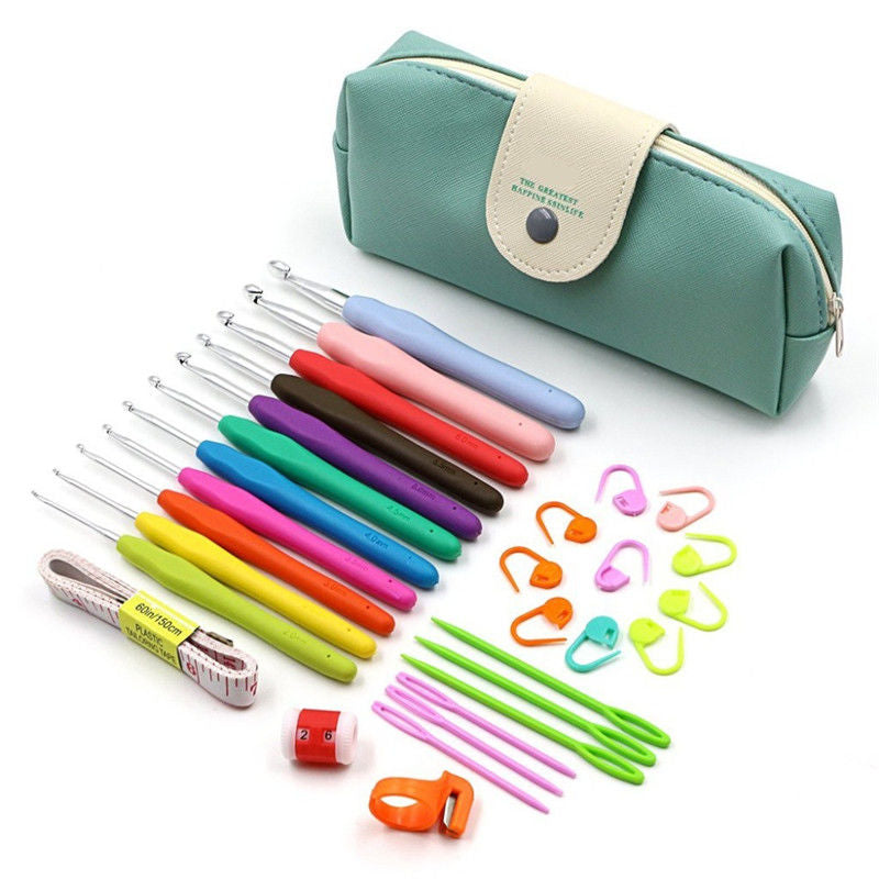 Complete Ergonomic Crochet Hooks Set - 11 Pieces with TPR Grips and Aluminum Hooks, Includes Storage Case