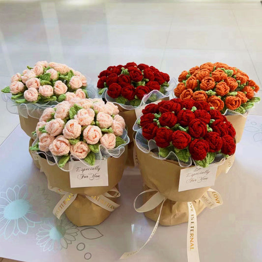 AA Handmade Multi-Head Rose Bouquet with Crochet Yarn Material for Valentine's Day, Gift for Girlfriend