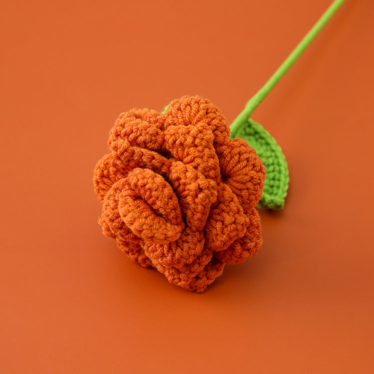 Creative Knitted Flower with Pointed Rose Branch, Diamond-Shaped Petals - Finished Flower Bouquet, Legend of Cherished Coral Orange