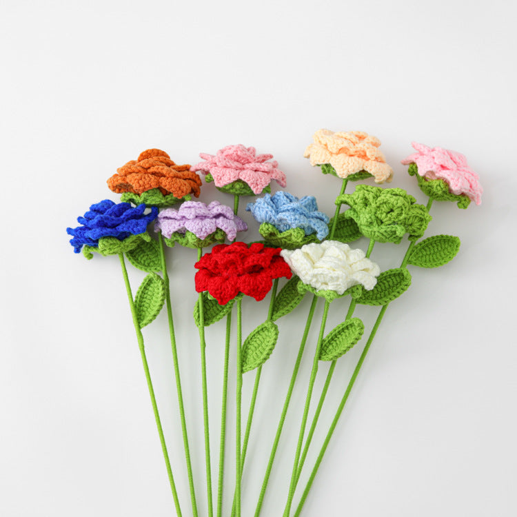 Creative Knitted Flower with Pointed Rose Branch, Diamond-Shaped Petals - Finished Flower Bouquet, Legend of Cherished Coral Orange