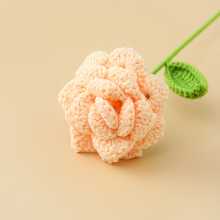 Creative Knitted Flower with Pointed Rose Branch, Diamond-Shaped Petals - Finished Flower Bouquet, Legend of Cherished Coral Orange